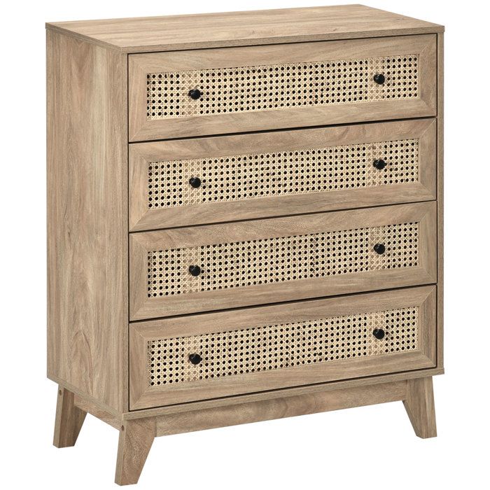 Commode - HOMCOM - 4 tiroirs meuble de rangement cannage en rotin mobilier chambre - bois - 80x35x95cm - aspect bois clair