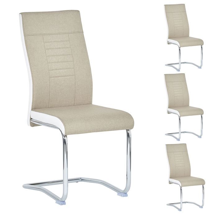 Lot de 4 chaises de salle à manger ou cuisine ALBA avec assise rembourrée et piètement chromé revêtement en tissu beige et blanc Lot de 4 chaises de salle à manger ou cuisine ALBA avec assise rembourrée et piètement chromé revêtement en tissu beige et blanc
