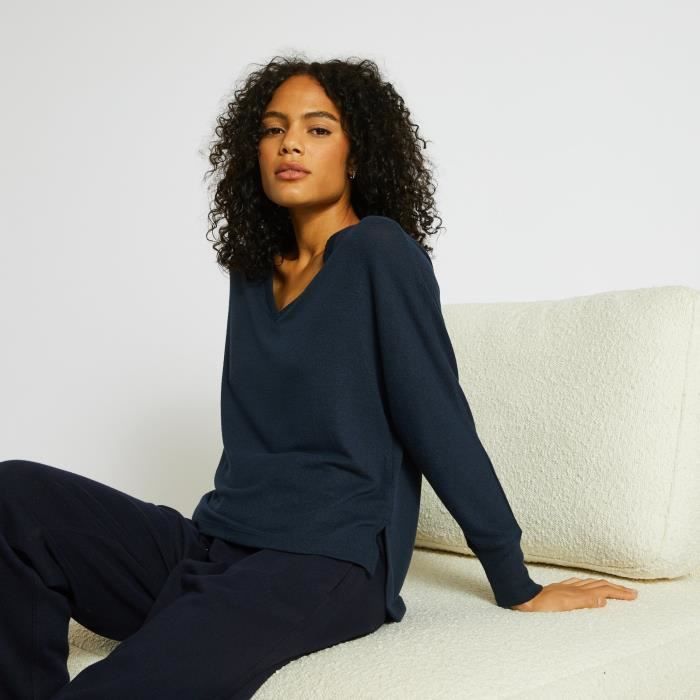 Pull large col V tout doux Ecovero 36 MARINE Marine Cdiscount