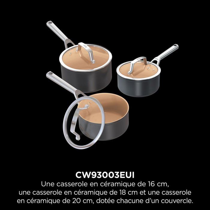 Set de 3 casseroles en céramique - Ninja - ExtendedLife CW93003EUI - 16/18/20 cm avec couvercles - Sans PFAS - Garantie 5 ans