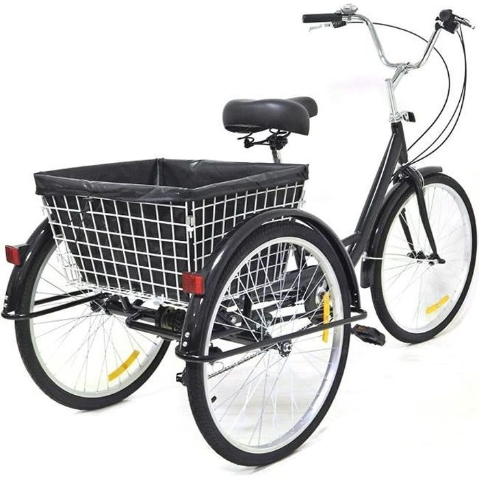 Tricycle Adulte 24 Pouces 8 Vitesses Acier au Carbone, avec Panier et Lampe, Tige de Selle Réglable en Hauteur Noir