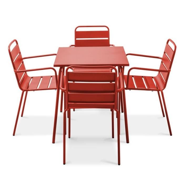 Ensemble table de jardin et 4 fauteuils empilables - OVIALA - Palavas - Acier - Rouge
