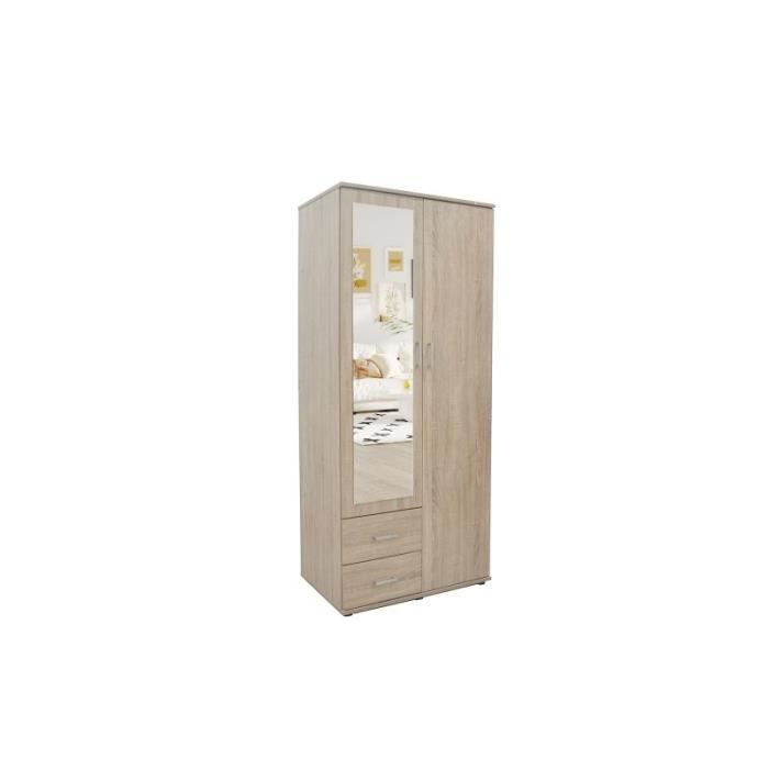 armoire de rangement - price factory - tom - chêne sonoma - 2 portes battantes avec miroir
