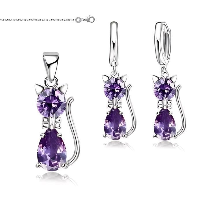 Parure Bijoux - Femme/Enfant - Chat - Cristal - Autrichien - Violet - Améthyste - Argent 925/1000 - 4 Pièces
