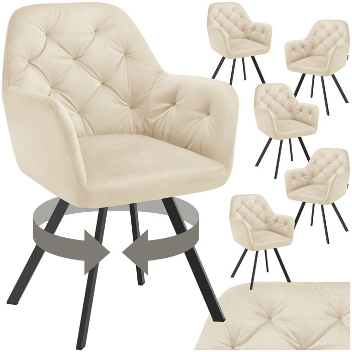 Chaise - TECTAKE - Lot de 6 fauteuils LUCIA pivotants et rembourrés en velours motif matelassé 58 x 58 x 87 cm - Crème