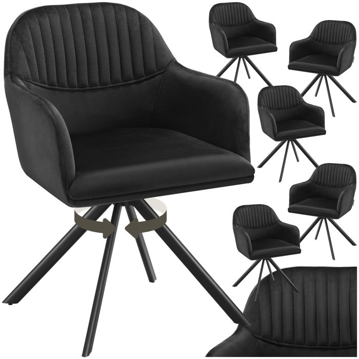 Chaise - TECTAKE - Lot de 6 fauteuils LONA pivotants avec rembourrage épais aspect velours 56 x 59 x 81 cm - Noir/Noir