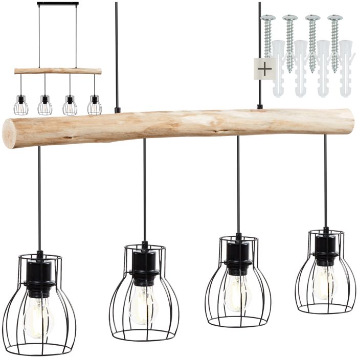 Luminaire - TECTAKE - Plafonnier WOODY 4 lampes E27 40 W style industriel poutre en bois - 82 x 135 x 140 cm - Noir/Marron