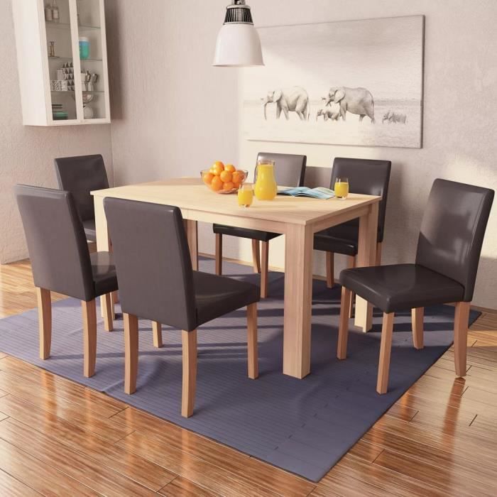 Table et chaises 7 pcs Cuir synthétique Chêne Marron  Cdiscount Maison