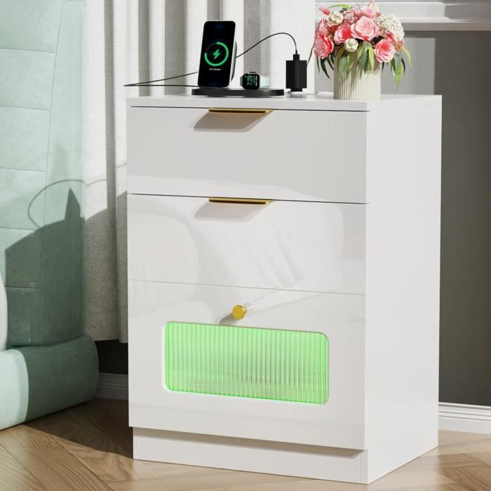 Table De Chevet LED Avec 2 Tiroirs - 20 Couleurs, Télécommande, Finition Laquée Blanc, Pour Chambre Et Salon
