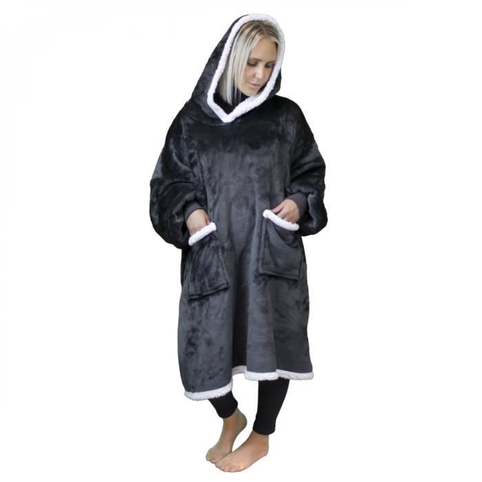 Sweat à capuche plaid couverture pull - Sherpa et flanelle - Adulte - Gris foncé - Vivezen Sweat à capuche plaid couverture pull - Sherpa et flanelle - Adulte - Gris foncé - Vivezen