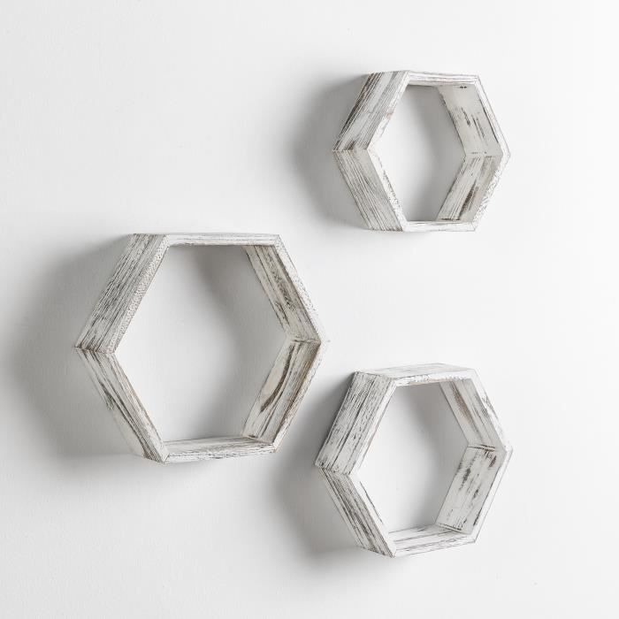 Set de 3 Etagères murales Nuno hexagonales blanc bois de paulownia