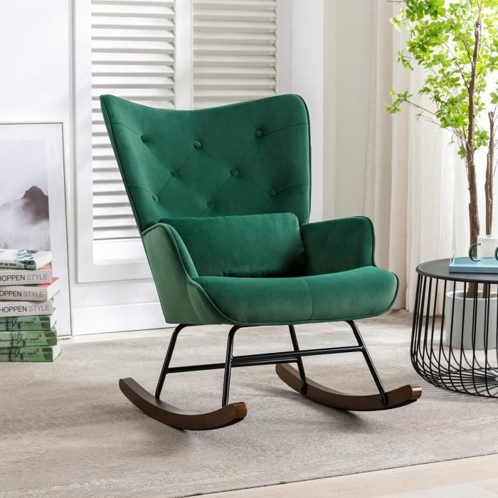 fauteuil à bascule rocking chair chaise berçante allaitement bébé tissu en velours style scandinave bois d'hévéa, vert foncé