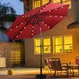 GOPLUS Parasol de Jardin D.300CM-Parasol Patio Droit Inclinable 24 LED Solaire-Poteau Métallique avec Manivelle-Rouge(sans Base)-1