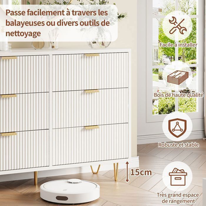 Commode 6 Tiroirs 100 Cm Blanc - Meuble De Rangement Chambre, Salon - Design Moderne Avec Poignées Dorées