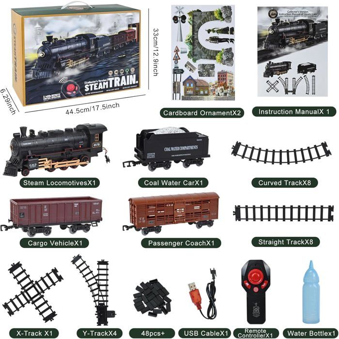 Train électrique jouet avec télécommande, fumée et son, train à vapeur pour arbr