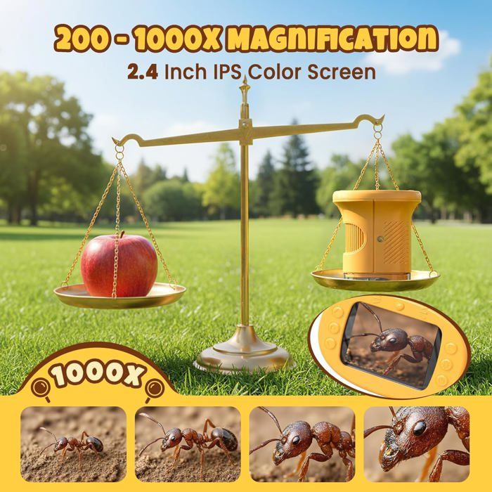 Microscope Pour Enfants – Portable Avec écran IPS 2″ Et Grossissement 1000x – Rechargeable, Loupe Numérique Avec éclairage LED – Cadeau Scientifique Garçon Fille