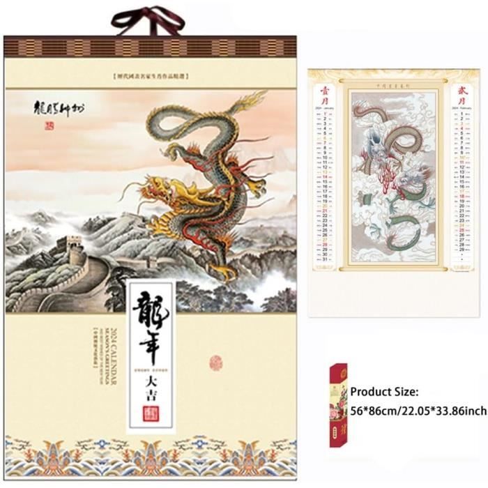 SEWACC Calendrier Mural Chinois À Défilement Panda 2024 Année Du Dragon  Calendrier Lunaire Mensuel Planificateur Mural Famille Porte Chance Bonne