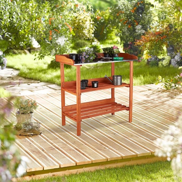 MaxxGarden Table De Travail Jardin En Bois Massif 100x45x140 Cm – Établi Potager Avec Évier, Étagères Et Plateau Coulissant, Brun Naturel
