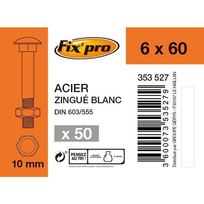Boite 50 boulon japy ° 6 x 60 mm tête ronde collet carré trcc acier ...