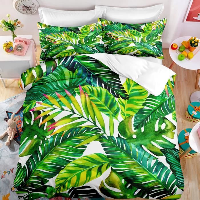 Branches Feuilles Vertes Parure De Lit 3 Pieces 1 Housse De Couette 220*240cm Et 2 Taies D'oreillers 63*63cm - Maison