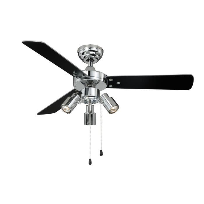 Ventilateur De Plafond Cyrus 107cm Sans Lumière - Pales Réversibles Noir/argent, Chrome, 3 Vitesses, Tirettes - Ajout éclairage Possible