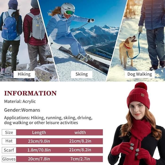 Ensemble Bonnet, écharpe Et Gants Tactiles Hiver – Unisexe, Taille Unique, Doublure Polaire Chaude – Pour Ski, Sports D'hiver