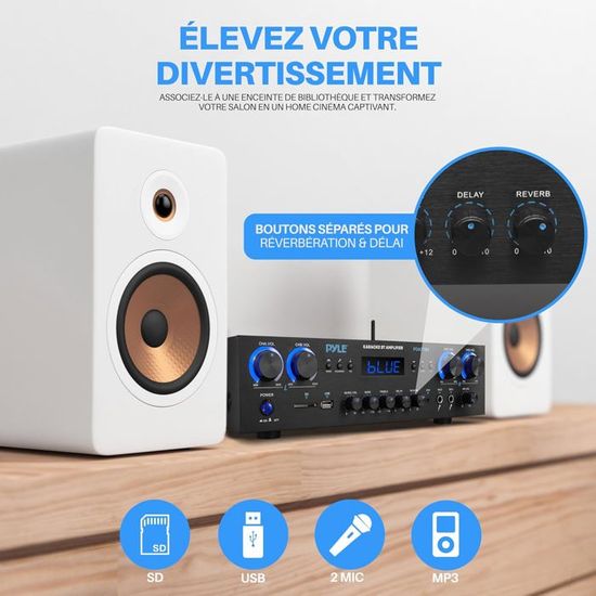 Amplificateur Bluetooth Pyle PTA44BT 500W - Récepteur Stéréo 4 Canaux Avec Karaoké, FM, USB Et Micro Écho