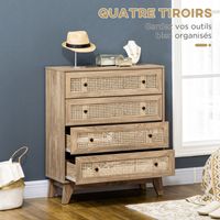 Commode Haida 4 Tiroirs 80cm - Style Chêne Clair & Rotin Naturel - Parfaite Pour Petits Espaces