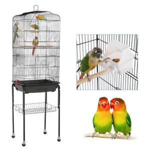 VOLIÈRE - CAGE OISEAU JINKEEY Cage Oiseaux à Roulettes - avec 4 Mangeoir