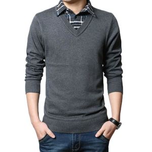 Ugholin Pull Chemise Homme Col V 2 en 1 Gris Anthracite/Blanc Manches Longues 