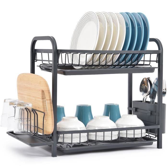 Égouttoir à vaisselle 3 étages Porte-couverts Bac de récupération crochets  pour tasses et assiettes en