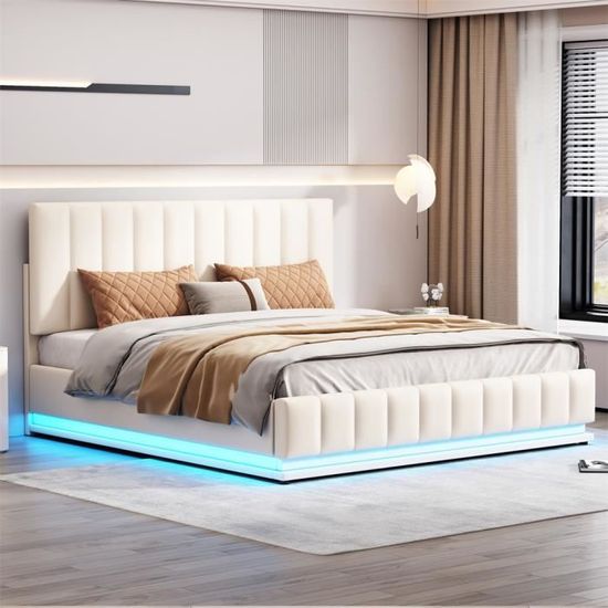 Lit Double 160x200 Avec Rangement Hydraulique, LED Et Ports USB - Velours Beige, Sommier à Lattes, Sans Matelas