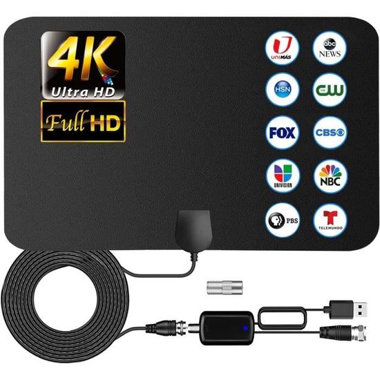 Antenne TNT Intérieure Amplifiée - Portée 600 Km, Câble 10 M, Pour TV HD/4K - Chaînes Gratuites