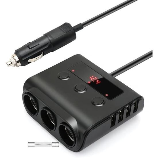 Multiprise Allume-cigare 12V - 3 Prises + 2 Ports USB, Marque InovTech, Neuf Emballé