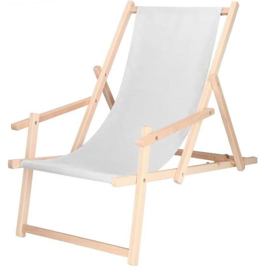 Chaise longue pliante en bois avec accoudoirs - SPRINGOS - Transat de Jardin - Pliant - Adulte - Gris clair