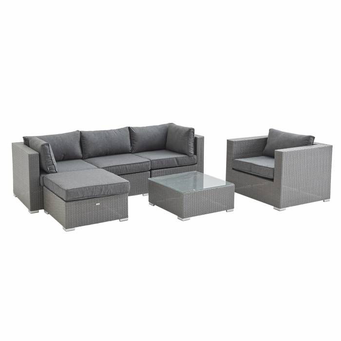 Salon de jardin en résine tressée - Caligari - Gris, Coussins Gris - 5 places