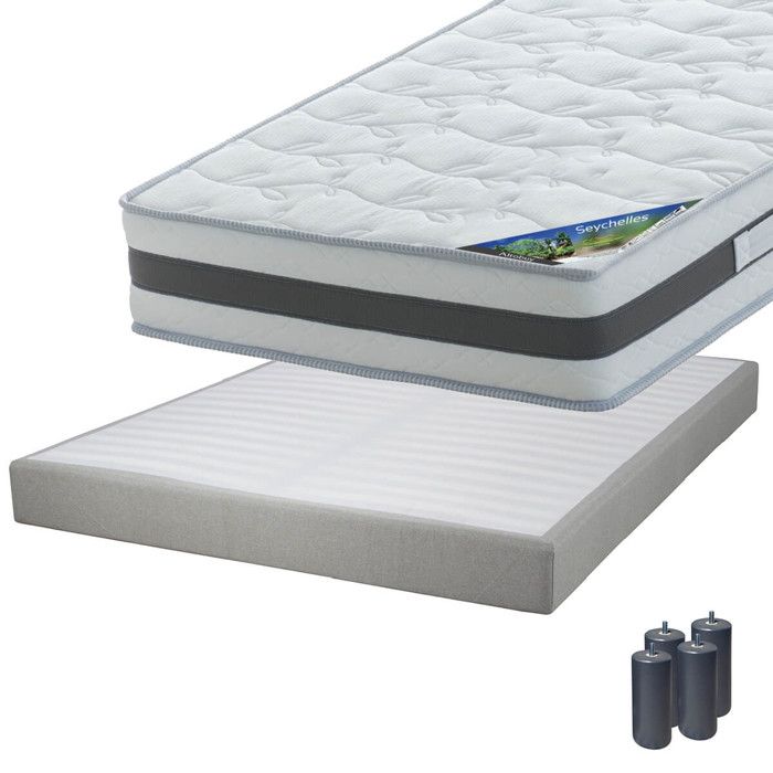 Seychelles - Pack Matelas 160x200 + Sommier Tapissier Démontable 2x20 Lattes Lin + Pieds Anthracites 15cm