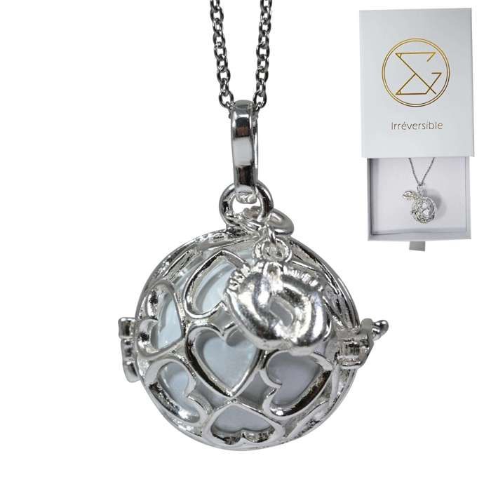 Bola de grossesse cage argent avec chaîne - JULIETTA (Pieds/bille blanche) - plaquée argent - coffret cadeau femme enceinte
