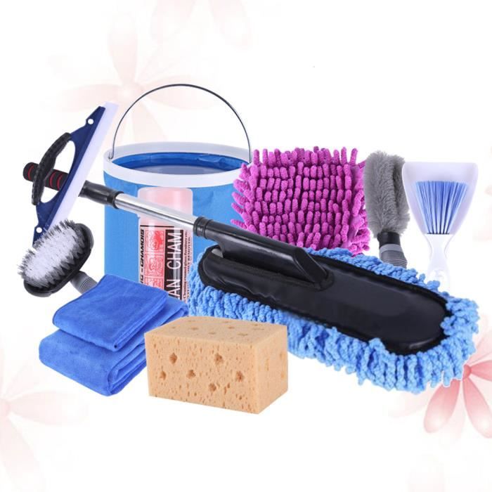 11 pcs / ensemble voiture outils de lavage à domicile kit nettoyage microfibre gant serviette brosse pliant seau éponge cire vadroui