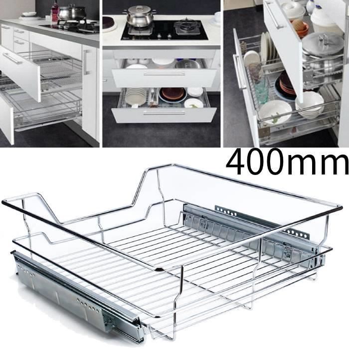 Tiroir Panier de Rangement Télescopique d’Armoire de Cuisine de Salle de Bain Rail Inclus en Métal 44 x 31.4 x 13.5 cm