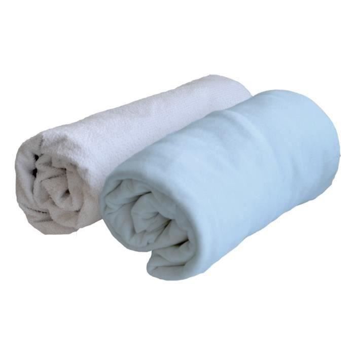 DOMIVA Drap housse + Alèse Uni - 100% Coton - Traité Sanitized - Bleu clair - 70 x 140 cm