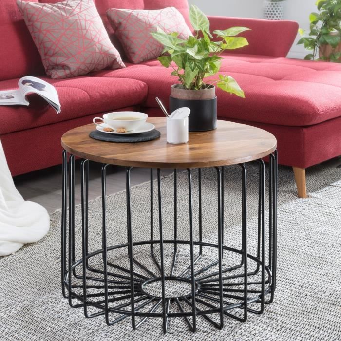 FineBuy Table basse FB51439 table de salon Sheesham bois massif métal rond