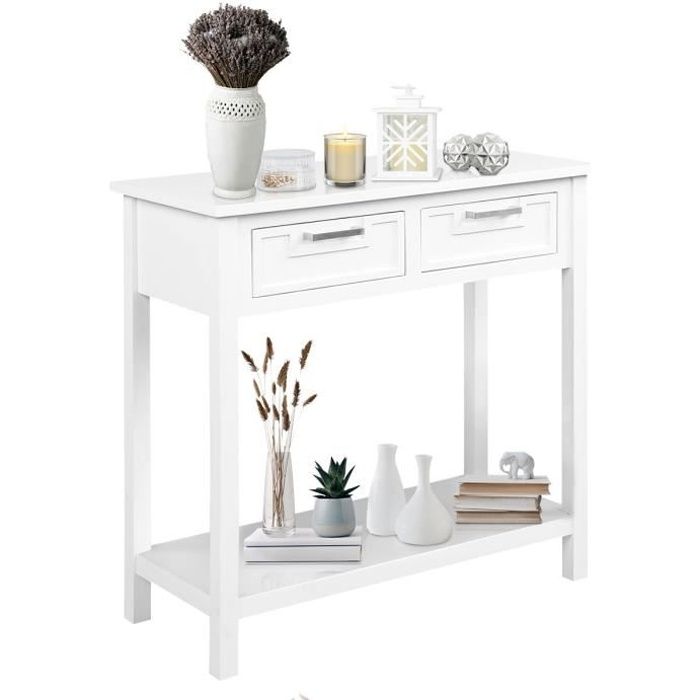 GIANTEX Table Console à 3 Niveaux avec 2 Tiroirs,2 Étagères de Rangement,Pieds en Bois Massif pour Couloir,Salon,Entrée,Couloir