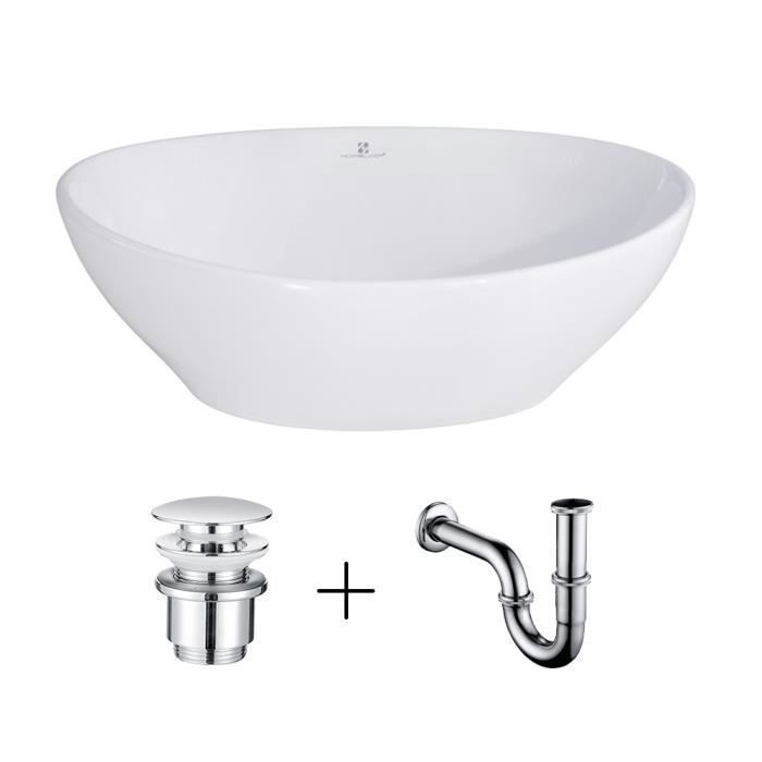 Homelody® Vasque Salle de Bain Lavabo Vasque en Céramique Blanc Vasque à Poser Ovale avec Bonde Siphon Lave Main Haut de Gamme