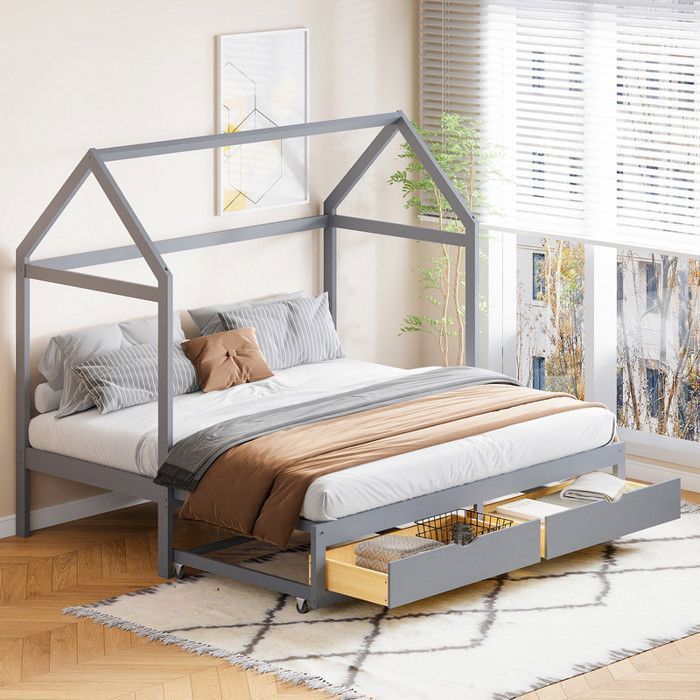 lit enfant extensible - modernluxe - canapé-lit 90/180 x 190 cm - avec tiroirs - sommier à lattes - gris