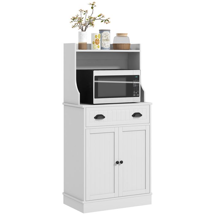 Meuble micro-ondes - HOMCOM - étagère réglable sur 3 niveaux - espace ouvert 1 tiroir et 2 portes - 61 x 35 x 1254 cm - blanc