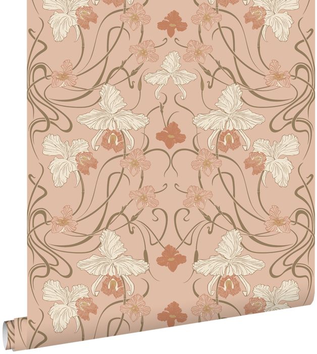 ESTAhome -  papier peint - fleurs vintage de style art nouveau - rose terracotta - 0.53 x 10.05 m