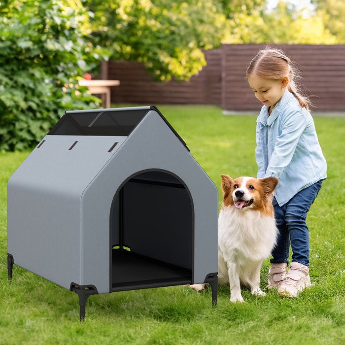 Comparer les prix de COSTWAY Niche 91 cm pour Petits Chiens, Fenêtre, Housse Amovible, Lit pour Animaux Compagnie Surélevé, Abri pour Chien avec Auvent
