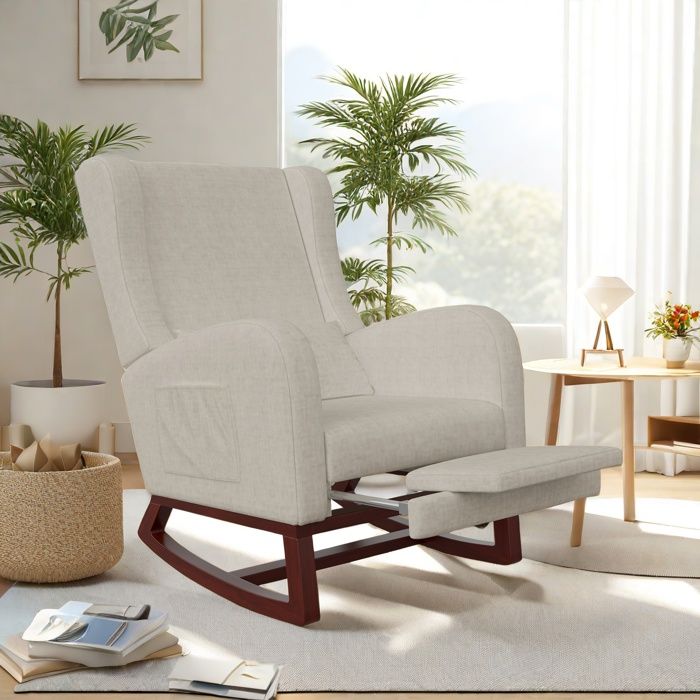 64x67x99cm Fauteuil à bascule en velours sable avec repose-pieds et coussin poches latérales