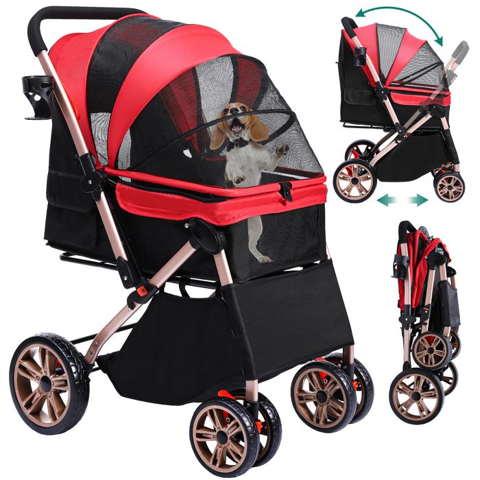Meilleurs prix pour YITAHOME Poussette pour Chien Chat - avec Panier de Rangement - 4 Roulettes - Porte Gobelet - Pliable - Rouge
